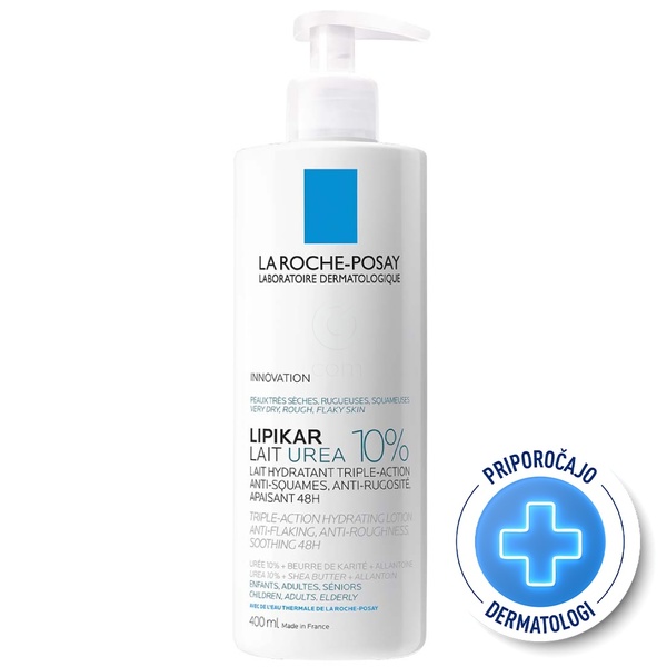 LRP Lipikar Lait Urea 10%, vlažilni losjon s trojnim učinkom za glajenje in pomiritev zelo suhe ter grobe kože (400 ml)