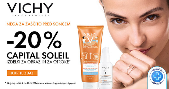 Vichy Capital Soleil izdelki za obraz in za otroško kožo so vam na voljo 20% ugodneje.