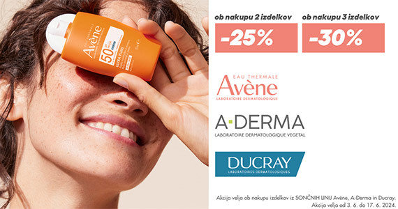 Ob nakupu 2 izdelkov za zaščito pred soncem Avene, A-Derma Protect in Ducray Melascreen prejmete 25% popust, ob nakupu 3 ali več izdelkov pa kar 30% popust.