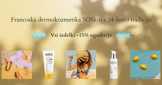 Vsi izdelki SOSkin kozmetike so vam na voljo 15% ugodneje.