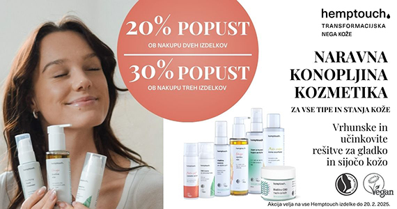 Izkoristite izjemen popust na kozmetiko Hemptouch - ob nakupu 2 izdelkov Hemptouch prejmete 20% popust, ob nakupu 3 ali več izdelkov Hemptouch pa kar 30% popust.