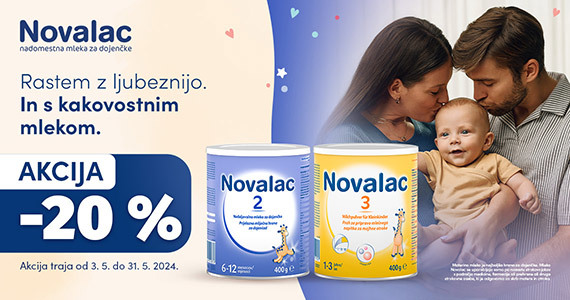 Nadaljevalne mlečne formule Novalac 2 in 3 v 400 g pakiranju so vam na voljo 20% ugodneje.