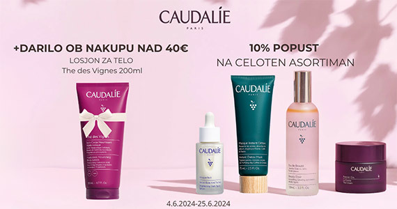 Vsi izdelki Caudalie so vam na voljo 10% ugodneje + darilo ob nakupu izdelkov Caudalie nad 40€.