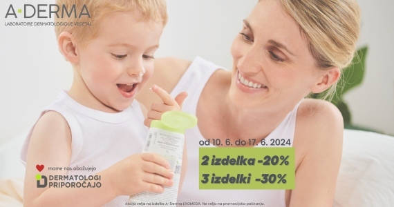 A-Derma teden: Ob nakupu 2 izdelkov A-Derma prejmete 20% popust, ob nakupu 3 ali več izdelkov pa kar 30% popust.