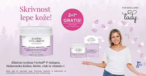 Ob nakupu 2 izdelkov Vitabalans Skin Beauty Biotin Collagen prejmete darilo: Skin Beauty Biotin Collagen Vitabalans Lady prašek (100 g).