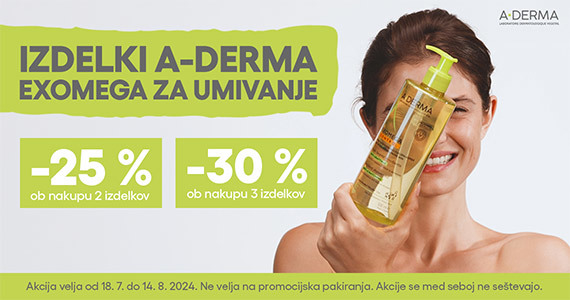 Ob nakupu 2 čistilnih izdelkov A-Derma Exomega prejmete 25% popust, ob nakupu 3 pa kar 30% popust.