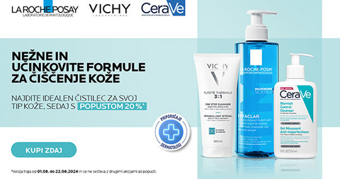 Izdelki za čiščenje kože obraza in telesa La Roche-Posay, Cerave in Vichy so vam na voljo 20% ugodneje.