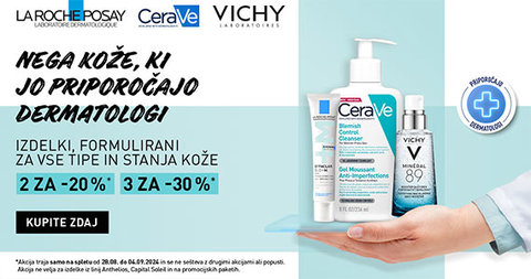 Ob nakupu 2 izdelkov La Roche-Posay, Vichy in/ali CeraVe prejmete 20% popust, ob nakupu 3 ali več izdelkov pa kar 30% popust.