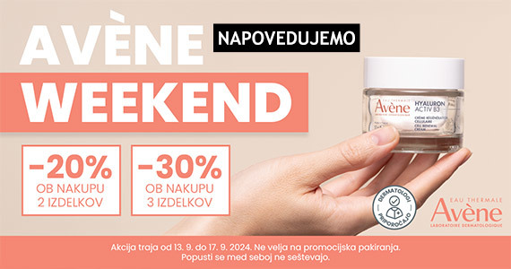 Avene vikend na Lekarnar.com: Ob nakupu 2 izdelkov Avene prejmete 20% popust, ob nakupu 3 ali več izdelkov pa kar 30% popust.