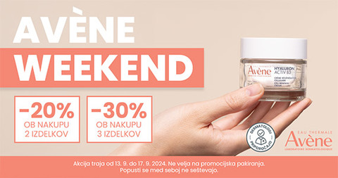 Avene vikend na Lekarnar.com: Ob nakupu 2 izdelkov Avene prejmete 20% popust, ob nakupu 3 ali več izdelkov pa kar 30% popust.