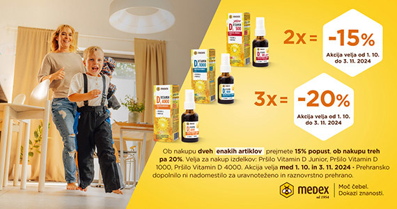 Ob nakupu 2 izdelkov Medex Vitamin D3 prejmete 15% popust, ob nakupu 3 ali več izdelkov pa kar 20% popust.