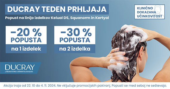 Ducray teden prhljaja - ob nakupu 1 izdelka iz linij Kelaul DS, Squanorm in/ali Kerytol prejmete 20% popust, ob nakupu 2 ali več izdelkov pa kar 30% popust.