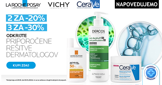 Ob nakupu 2 izdelkov La Roche-Posay, Vichy in/ali CeraVe prejmete 20% popust, ob nakupu 3 ali več izdelkov pa kar 30% popust.