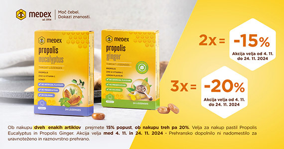 Ob nakupu 2 izbranih Medex Propolis pastil prejmete 15% popust, ob nakupu 3 ali več pastil pa 20% popust.