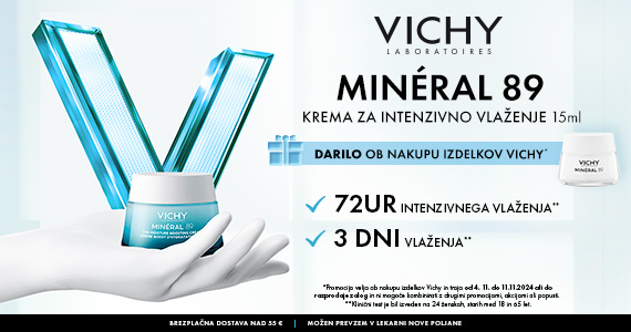 Ob vsakem naročilu izdelkov Vichy prejmete darilo: Vichy Mineral 89 kremo za vse tipe kože (15 ml).