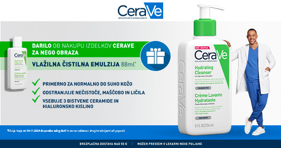 Ob vsakem naročilu izbranih izdelkov za nego obraza CeraVe prejmete darilo: CeraVe vlažilno čistilno emulzijo (88 ml).