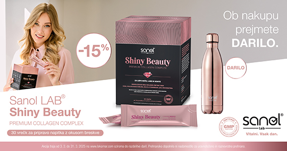 Ob nakupu vsakega izdelka Sanol Lab Shiny Beauty Kompleks s kolagenom prejmete 15% popust + darilo: stekleničko