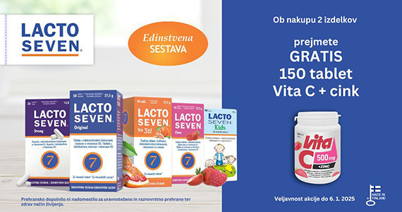 Ob nakupu 2 izdelkov Lactoseven prejmete darilo: Vitabalans Vita-C 500 mg + Zinc tablete (150 tablet).