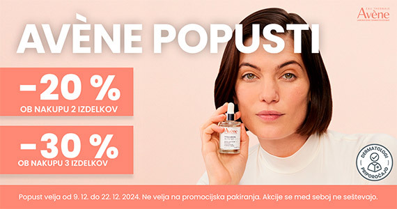 Ob nakupu 2 izdelkov Avene prejmete 20% popust, ob nakupu 3 ali več izdelkov pa kar 30% popust.