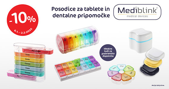 Posodice za tablete in medicinske pripomočke Mediblink so vam na voljo 10% ugodneje.