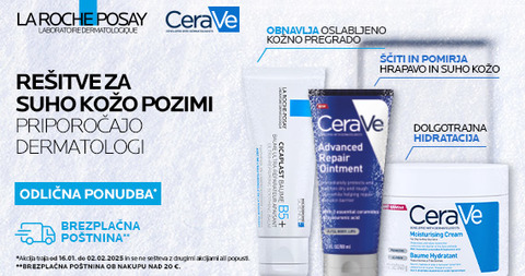 Izdelki La Roche-Posay Cicaplast in CeraVe za nego telesa so vam na voljo 20% ugodneje, CeraVe napredno obnovitveno mazilo pa kar 25% ugodneje.