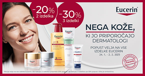 Ob nakupu 2 izdelkov Eucerin prejmete 20% popust, ob nakupu 3 ali več izdelkov pa kar 30% popust