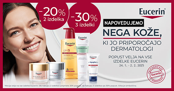 Ob nakupu 2 izdelkov Eucerin prejmete 20% popust, ob nakupu 3 ali več izdelkov pa kar 30% popust.