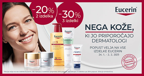 Ob nakupu 2 izdelkov Eucerin prejmete 20% popust, ob nakupu 3 ali več izdelkov pa kar 30% popust.