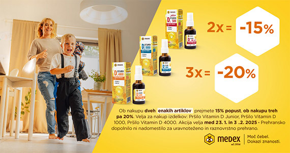 Ob nakupu 2 izdelkov Medex 	Vitamin D3 prejmete 15% popust, ob nakupu 3 ali več izdelkov pa kar 20% popust. - Slika 1