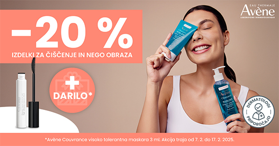 Ob nakupu Avene izdelkov za čiščenje in nego obraza prejmete 20% popust + darilo: Avene Couverance maskaro (3 ml)