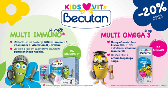 Prehranski dopolnili Becutan Kids Vits Multiimmuno in Multiomega-3 sta vam na voljo 20% ugodneje.