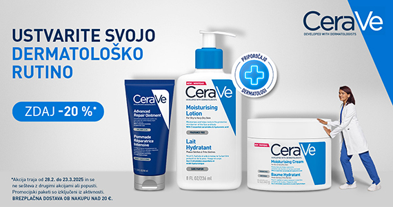 Izdelki CeraVe za nego telesa so vam na voljo 20% ugodneje, CeraVe napredno obnovitveno mazilo pa kar 25% ugodneje