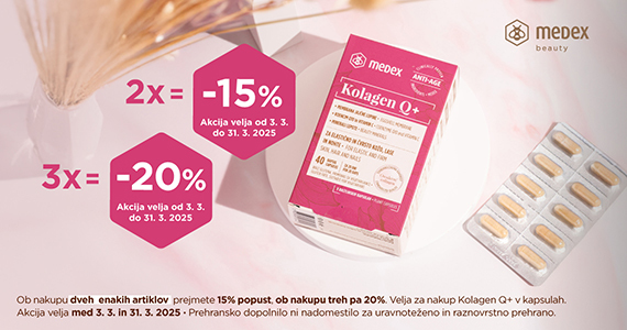 Ob nakupu 2 izdelkov Medex, Kolagen Q+ prejmete 15% popust, ob nakupu 3 ali več izdelkov pa kar 20% popust