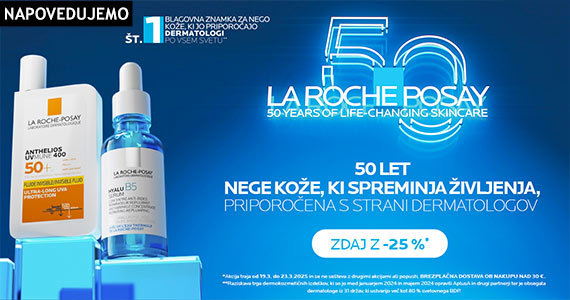 50 let znamke La Roche-Posay: Vsi izdelki La Roche-Posay so vam na voljo 25% ugodneje + Brezplačna dostava ob nakupu LRP nad 30€.