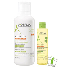 A-Derma Exomega Control, paket - emolientni balzam in čistilno olje (400 ml + 200 ml)