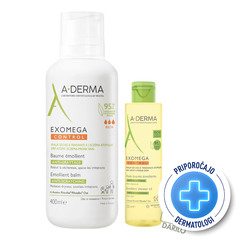 A-Derma Exomega Control, paket - emolientni balzam in čistilno olje (400 ml + 200 ml)
