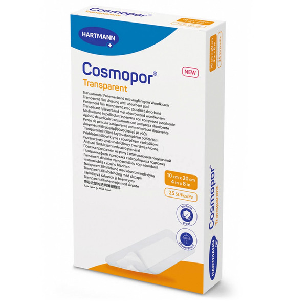 Cosmopor Transparent, sterilen prozorni obliž z vpojno blazinico - 10 x 20 cm (25 obližev)