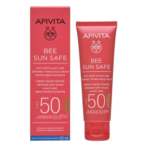 Apivita Bee Sun Safe, tonirana golden krema za obraz proti madežem & staranju - ZF 50 (50 ml)