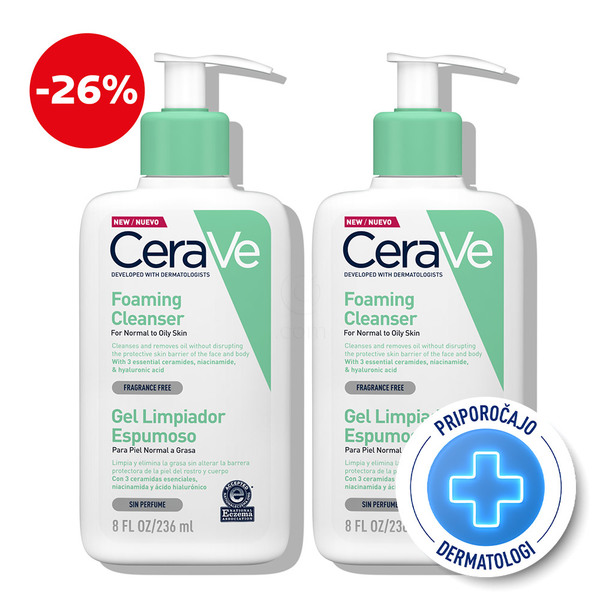 CeraVe, duo protokol - peneči čistilni gel za obraz za normalno do mastno kožo (2 x 236 ml)