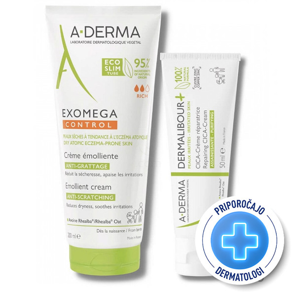 A-Derma, paket za nego in obnovo suhe kože - Exomega Control krema + Dermalibour+ Cica krema (200 ml + 50 ml)