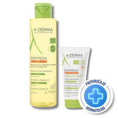 A-Derma Exomega, paket za umivanje in nego suhe kože - čistilno olje + krema (200 ml + 50 ml)