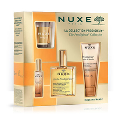 Nuxe The Prodigieux Collection 2024, darilni set - suho olje + parfum + oljni gel + svečka (100 ml + 15 ml + 100 ml + 60 g)