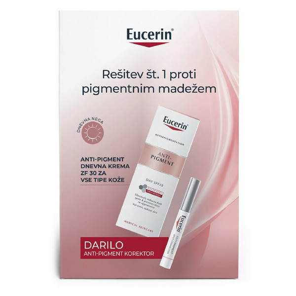 Eucerin Anti-Pigment, darilni set za zmanjšanje pigmentnih madežev - dnevna krema ZF30 + korektor (50 ml + 5 ml)