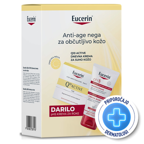 Eucerin Q10, darilni set za nego občutljive kože - dnevna krema + pH5 krema za roke (50 ml + 75 ml)