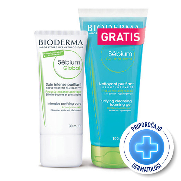 Bioderma Sebium Global, paket za kožo nagnjeno k aknam (30 ml + 100 ml)