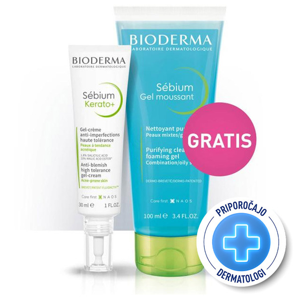 Bioderma Sebium Kerato+, paket - krema Kerato+ in peneči gel (30 ml + 100 ml)