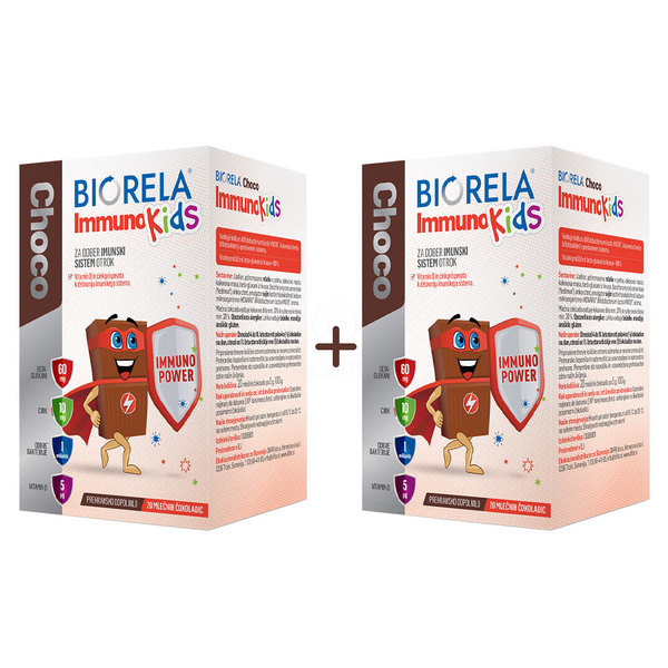 Biorela Immuno Kids Choco, mlečne čokoladice - paket (2 x 20 čokoladic)