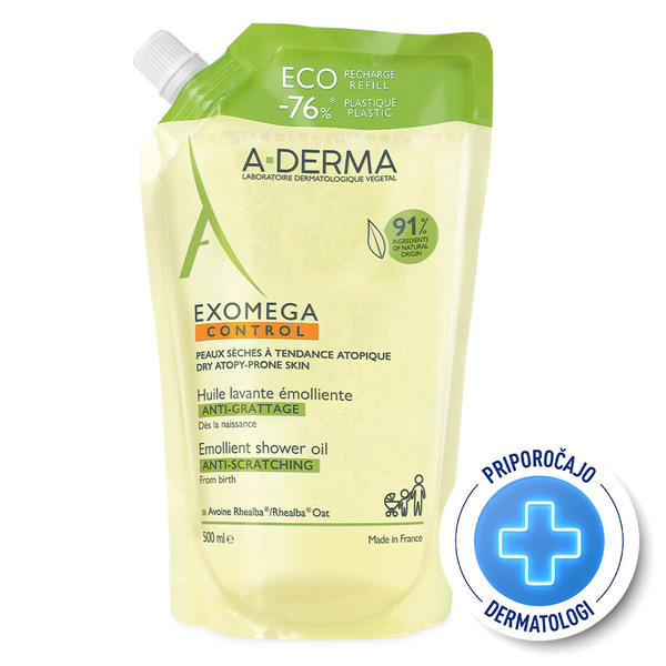 A-Derma Exomega Control, emolientno čistilno olje za tuširanje - Refill (500 ml)