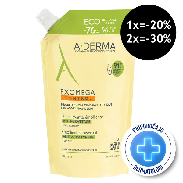 A-Derma Exomega Control, emolientno čistilno olje za tuširanje - Refill (500 ml)