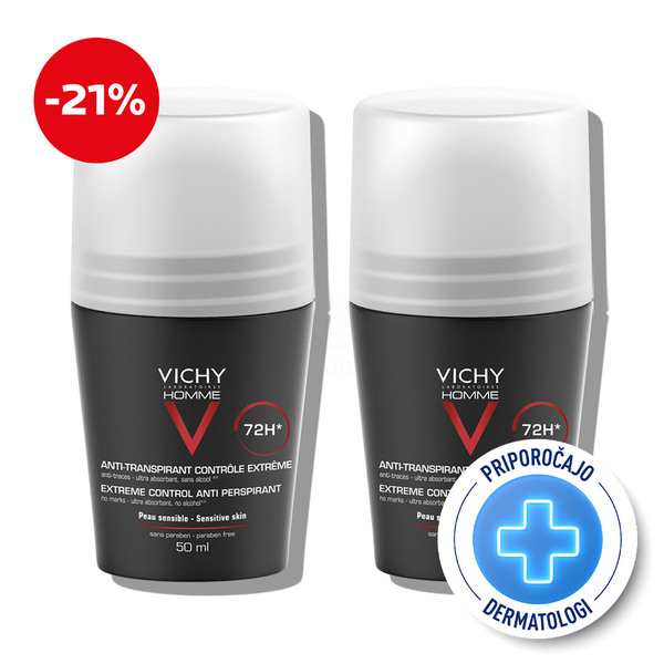 Vichy Homme Deo-Duo, protokol antiperspirant roll-on za zaščito pred potenjem do 72 ur (2 x 50 ml)